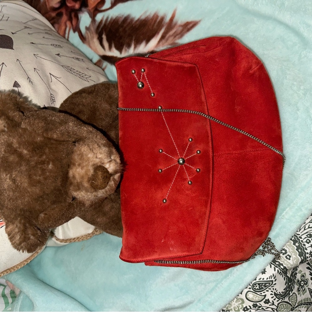 Red Suede Women's Bag with Star Embellishments